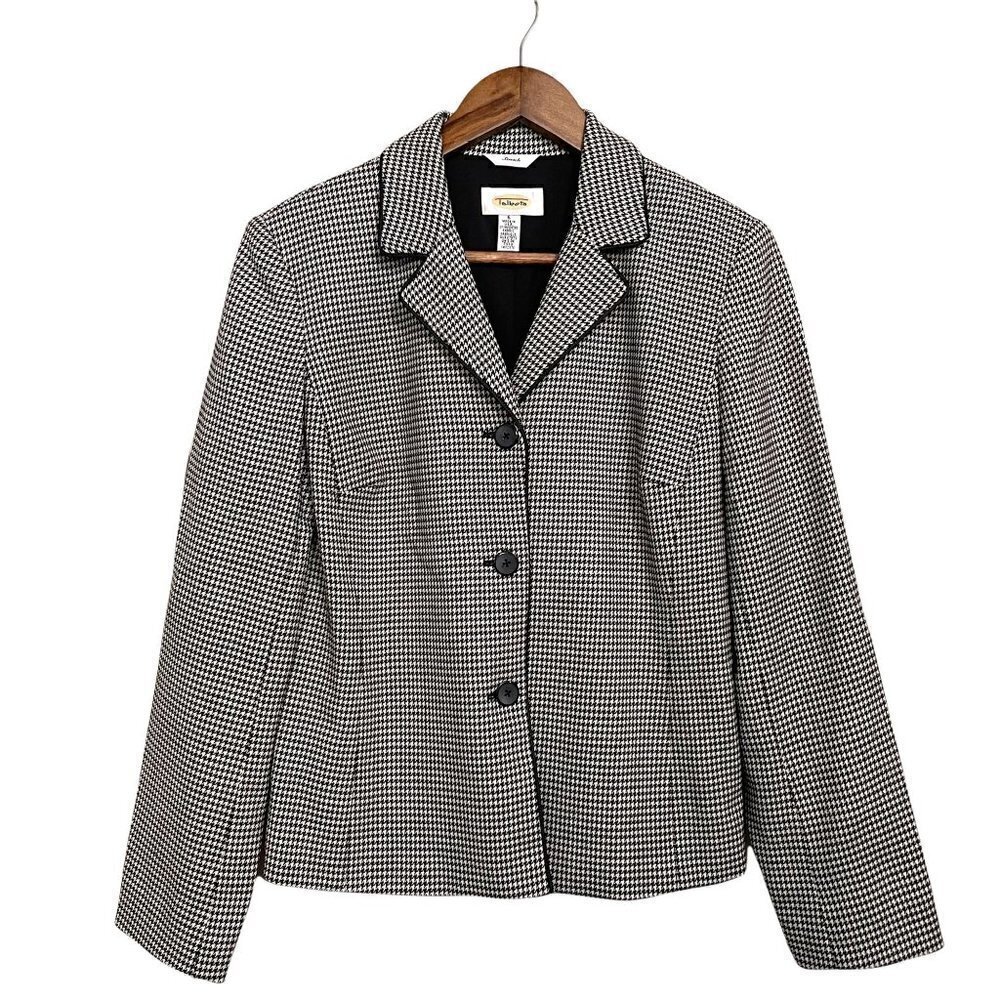 Vintage Talbots Women's Black White Houndstooth Wool Stretch Button Blazer Sz 6